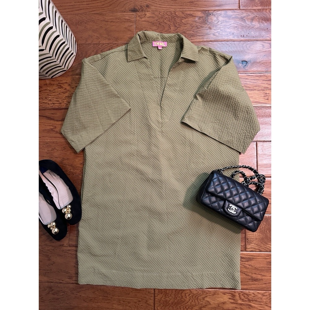 THML Women's Small S Olive Green Seersucker Tunic Dress V-Neck Polo Collar Soft